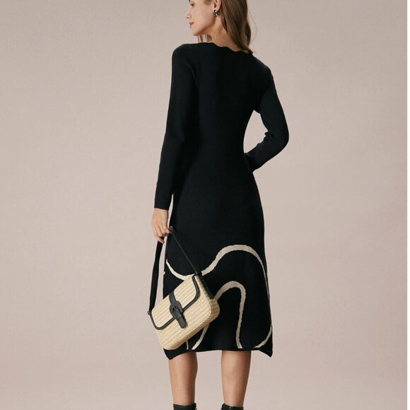 BNWT / Medium / Rihoas / Black Wave Scalloped Sweater Midi Dress - Picture 4 of 5